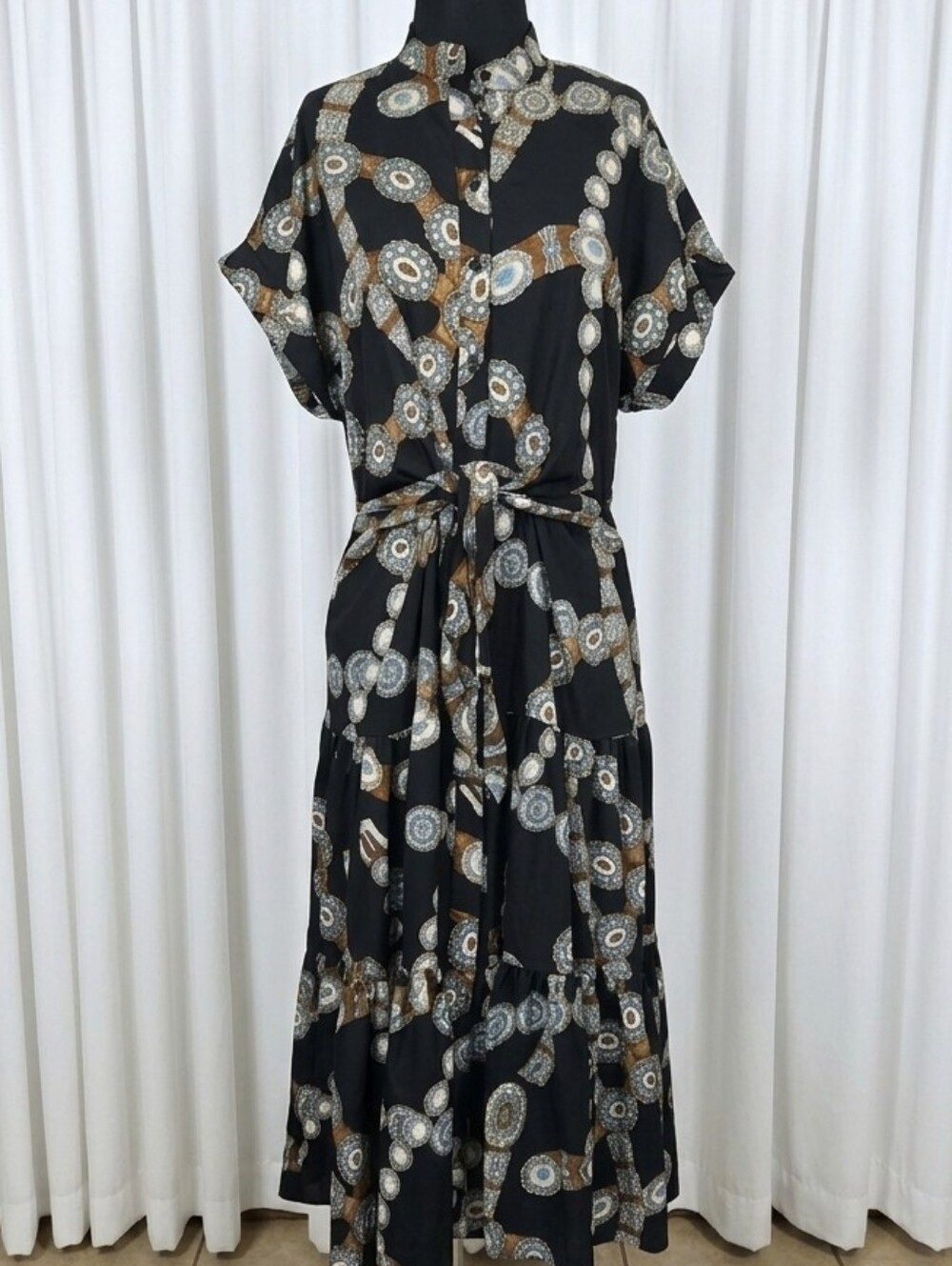 Ralph Lauren Black Maxi Shirt Dress with Cream and Brown Medallion Print